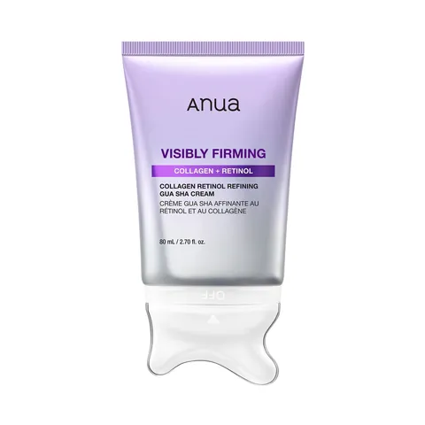 Tubo lila de Anua Collagen Retinol Refining Gua Sha Cream con aplicador gua sha