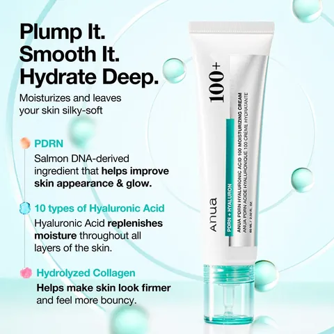 Anua PDRN Hyaluronic Acid 100 Cream: PDRN, 10 tipos de ácido hialurónico y colágeno hidrolizado