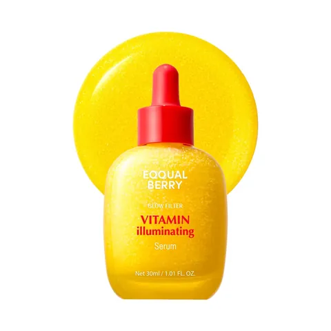 Frasco amarillo con gotero rojo del Eqqualberry Glow Filter Vitamin Illuminating Serum 30ml