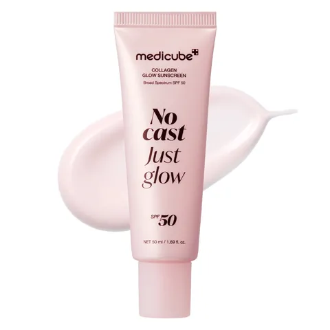 Tubo Medicube Collagen Glow Sunscreen SPF50 50ml con textura