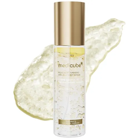 Packshot oficial del Medicube Jelly Mist con textura de gel dorado