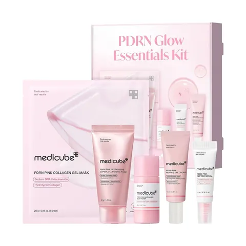 Caja rosa del Medicube PDRN Glow Essentials Kit con sus 5 minis
