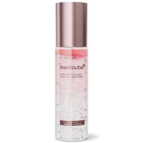 Botella de Medicube PDRN Pink Collagen Glow Jelly Mist Serum 100ml con tapa rosa metálica