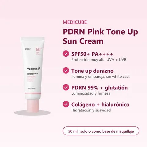 Medicube PDRN Pink Tone Up Sun Cream: SPF50+ PA++++, tono durazno, PDRN 99%, glutatión y niacinamida