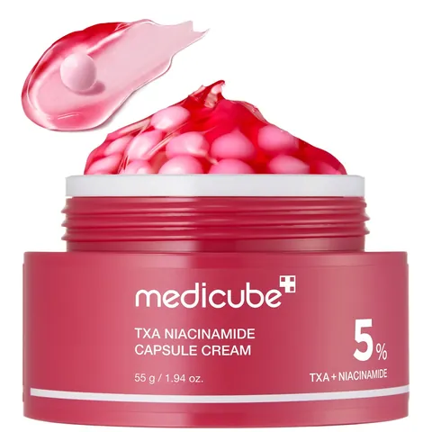 Tarro rojo de Medicube TXA Niacinamide Capsule Cream 55g con cápsulas