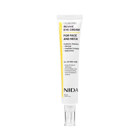 Tubo blanco con franja amarilla de NIDA Revive Eye Cream For Face And Neck 40ml