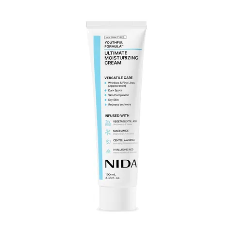 Tubo blanco con franja azul de NIDA Youthful Formula Ultimate Moisturizing Cream 100ml